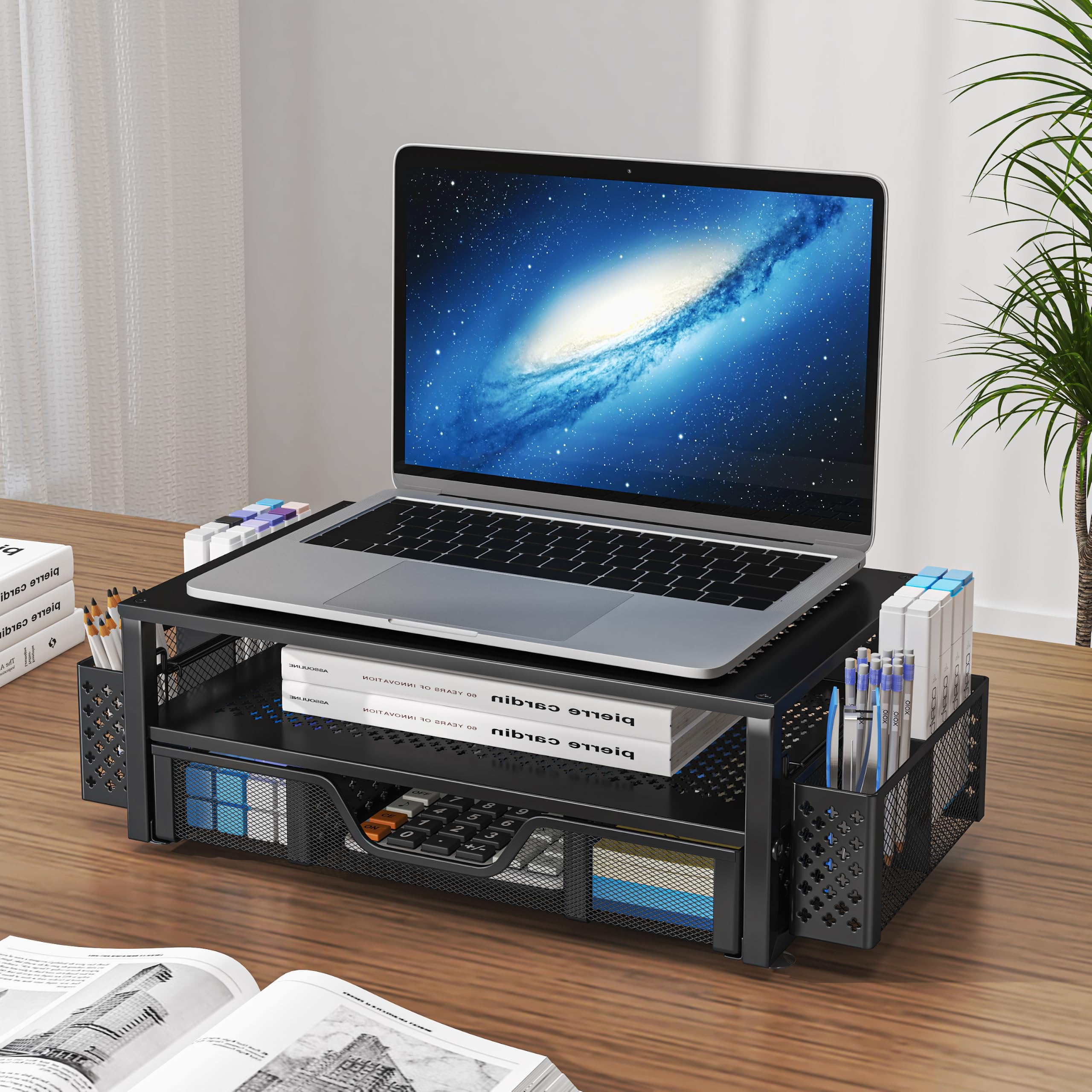 Simple Trending Metal Monitor Stand Riser and Computer Desk Organizer with Drawer for Laptop, Computer, iMac
