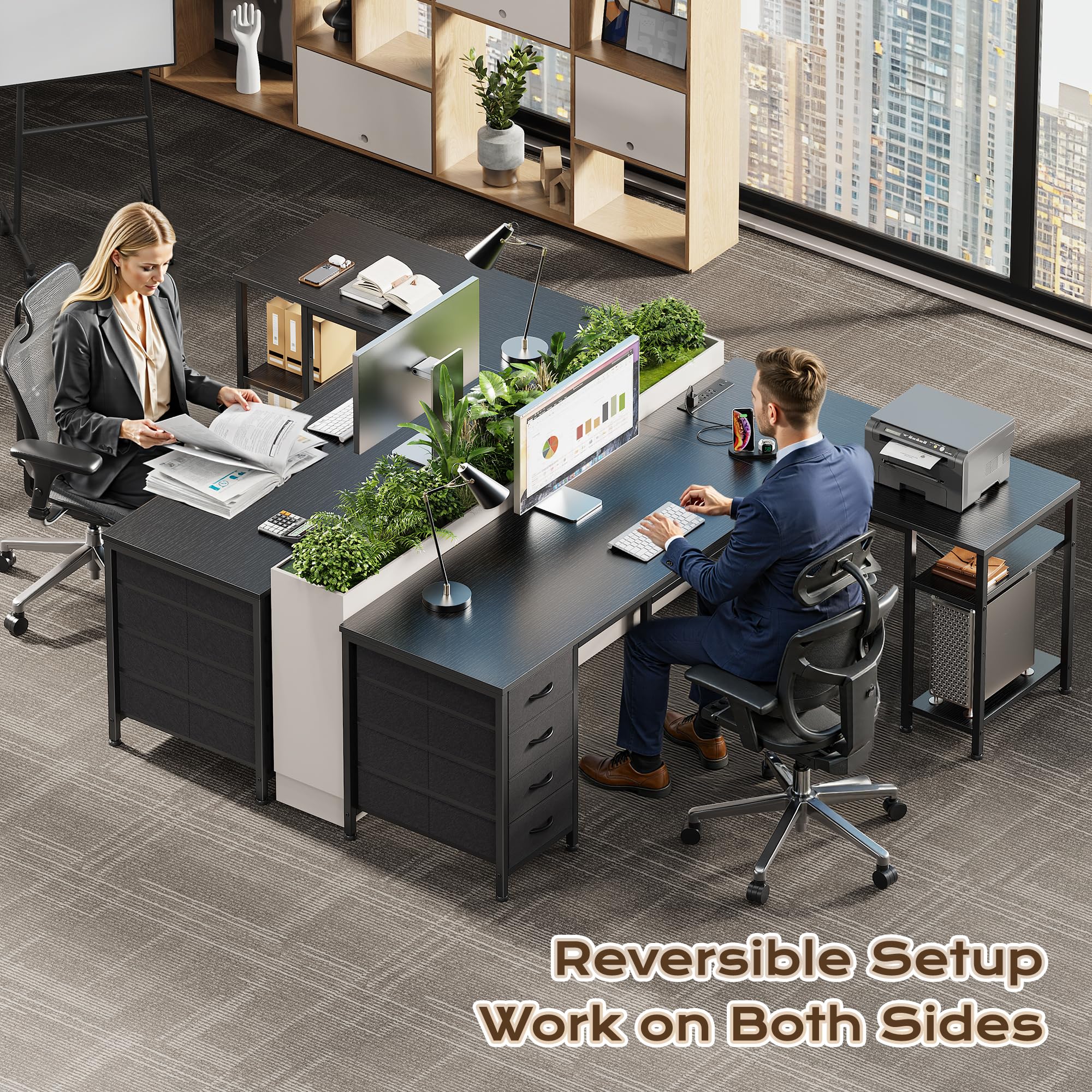 Huuger L Shaped Desk with Drawers, Reversible Computer Desk with Power Outlets and USB-C Port, Adjustable Side Storage Shelves