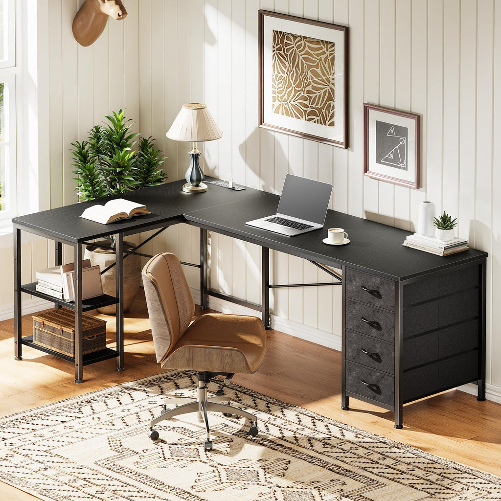 Huuger L Shaped Desk with Drawers, Reversible Computer Desk with Power Outlets and USB-C Port, Adjustable Side Storage Shelves