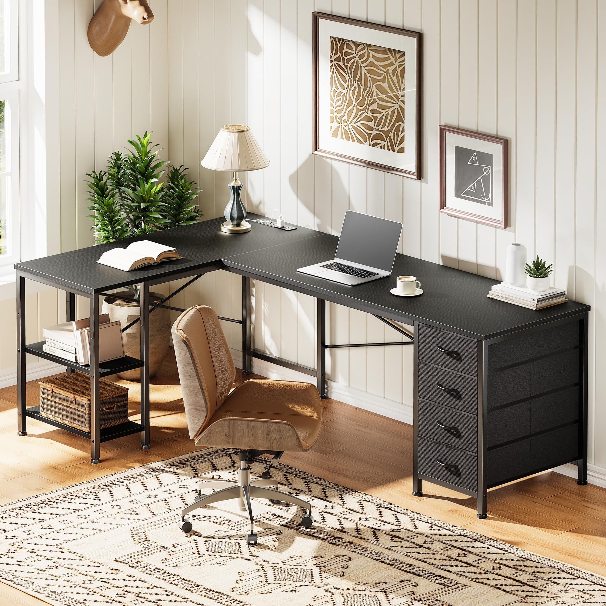 Huuger L Shaped Desk with Drawers, Reversible Computer Desk with Power Outlets and USB-C Port, Adjustable Side Storage Shelves
