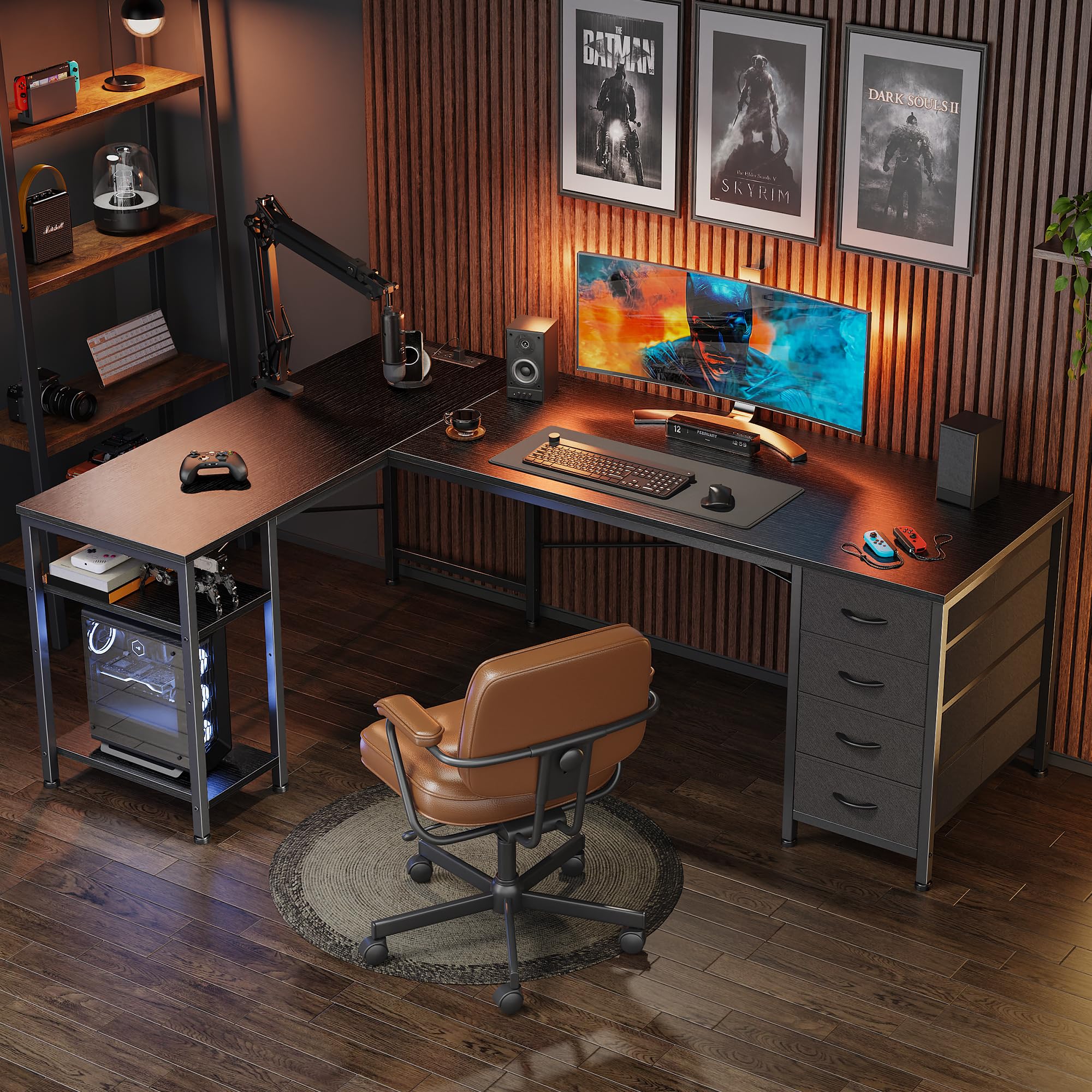 Huuger L Shaped Desk with Drawers, Reversible Computer Desk with Power Outlets and USB-C Port, Adjustable Side Storage Shelves