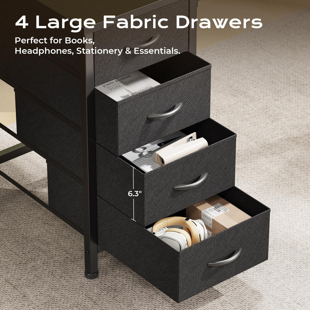 Huuger L Shaped Desk with Drawers, Reversible Computer Desk with Power Outlets and USB-C Port, Adjustable Side Storage Shelves