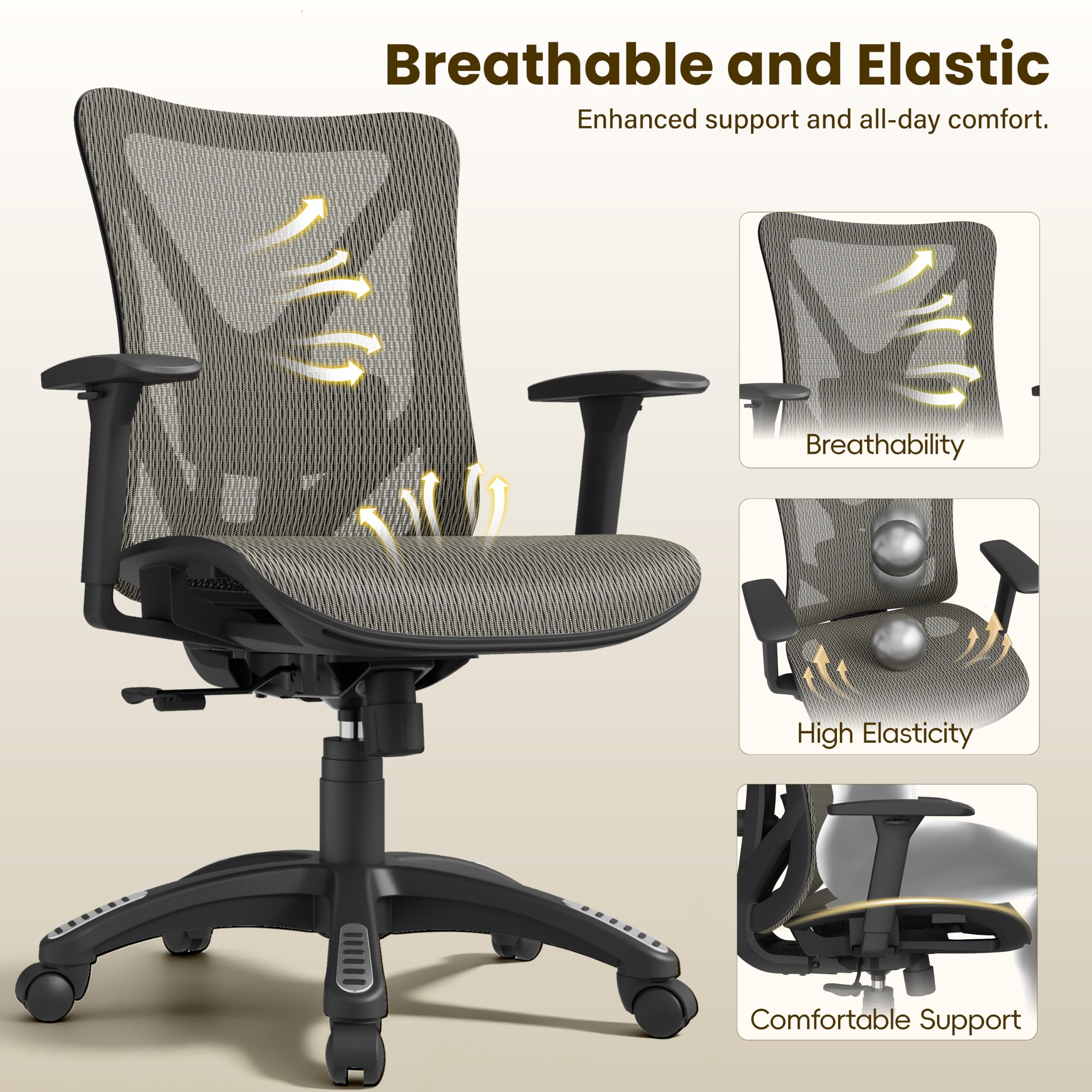 Ergonomic Office Chair, Mesh Computer Desk Chairs with BIFMA X5.1 Certified, Adjustable Lumbar Support, 3D Arm, Tilt Back, Wide Seat, Comfy Swivel Work Task Chair for Company and Home