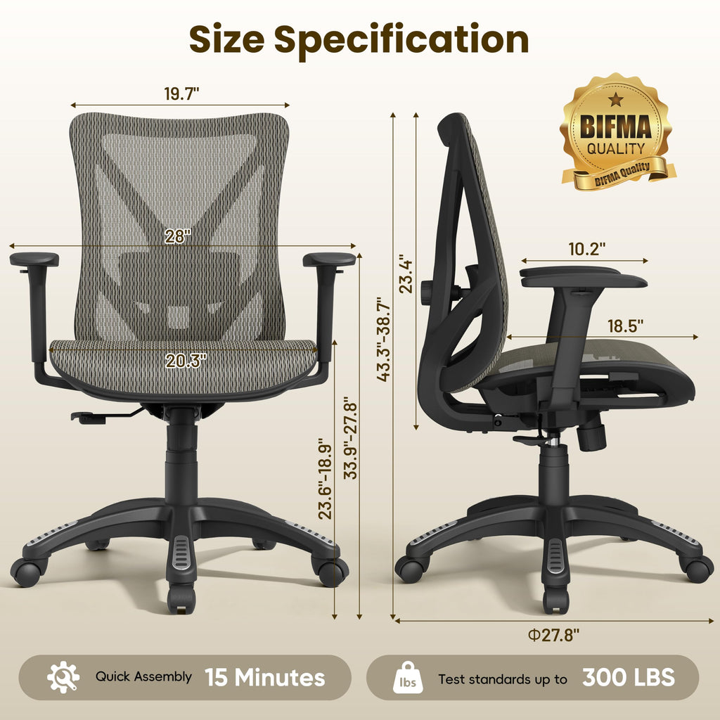 Ergonomic Office Chair, Mesh Computer Desk Chairs with BIFMA X5.1 Certified, Adjustable Lumbar Support, 3D Arm, Tilt Back, Wide Seat, Comfy Swivel Work Task Chair for Company and Home