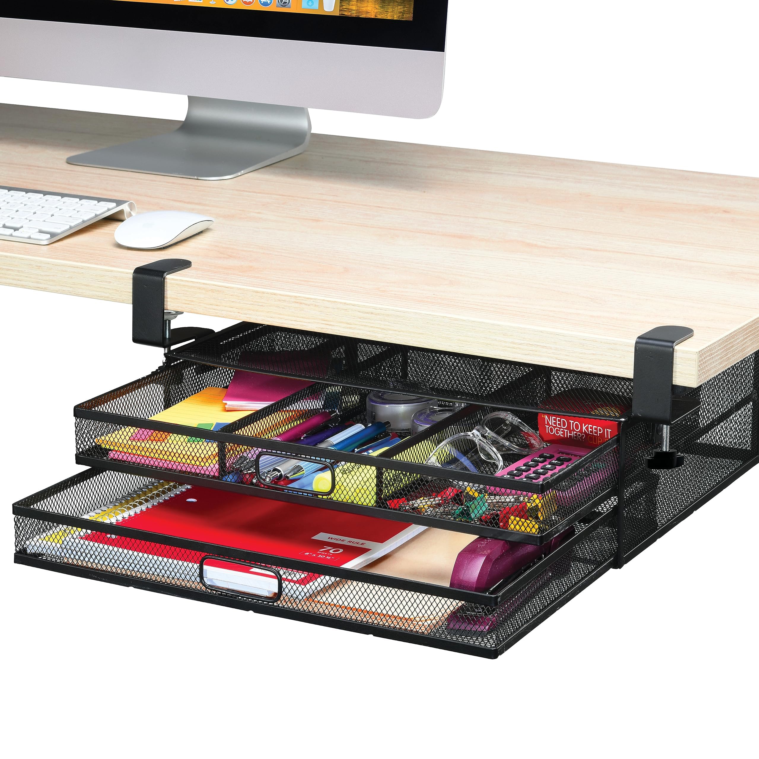 Clamp-On Under-Desk 2-Drawer Mesh Storage Organizer