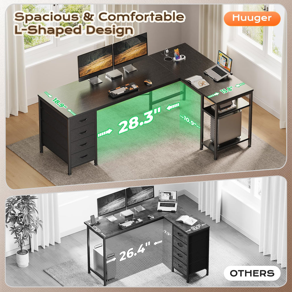Huuger L Shaped Desk with Drawers, Reversible Computer Desk with Power Outlets and USB-C Port, Adjustable Side Storage Shelves