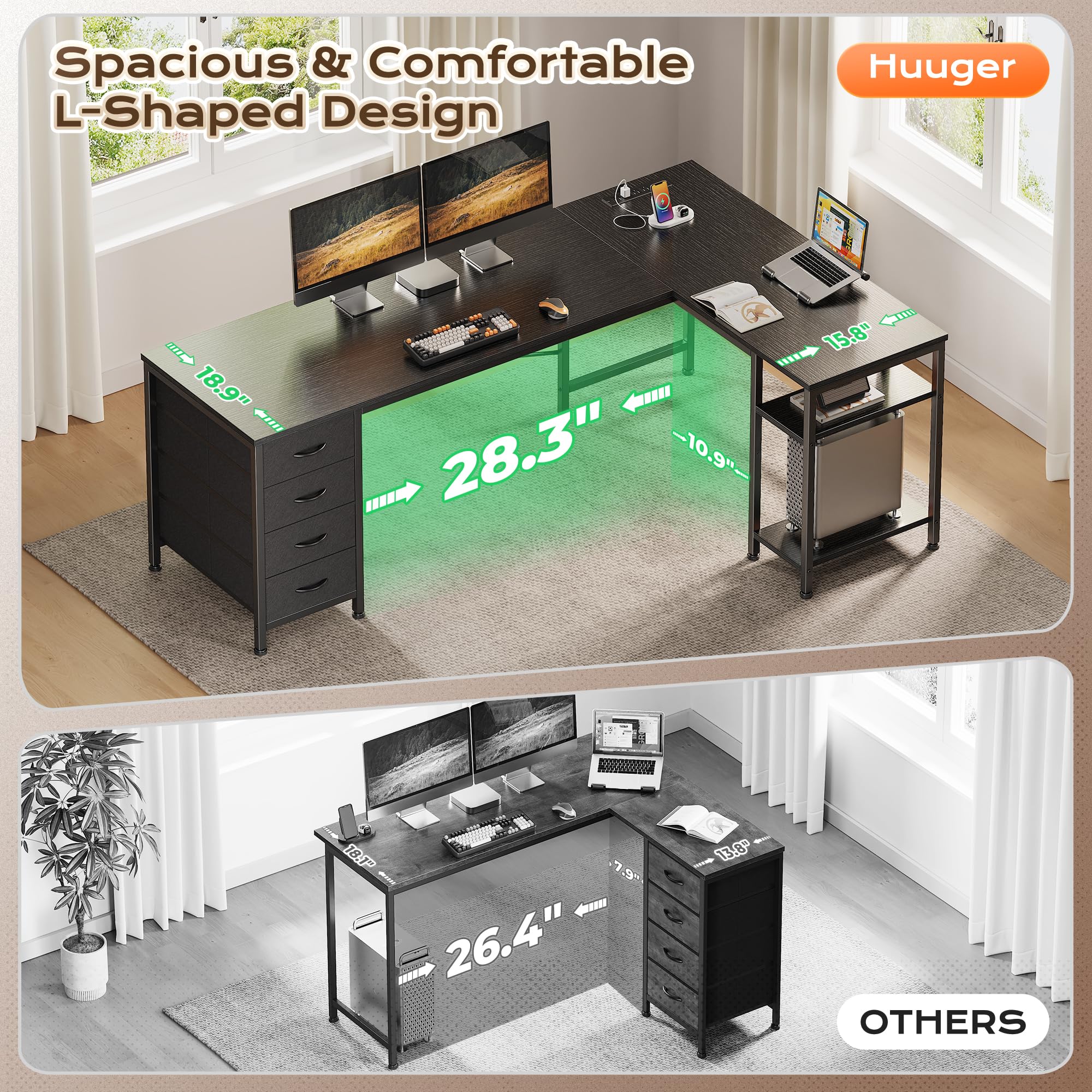 Huuger L Shaped Desk with Drawers, Reversible Computer Desk with Power Outlets and USB-C Port, Adjustable Side Storage Shelves